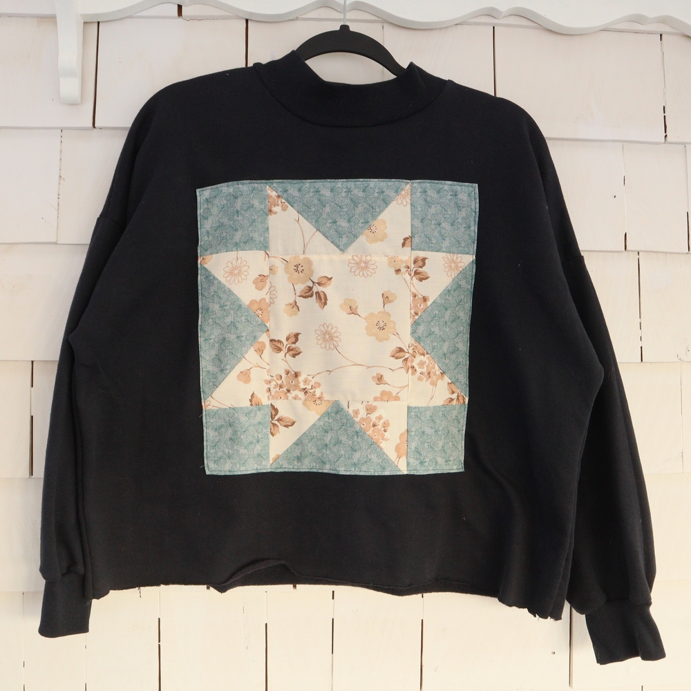 Upcycled Quilt Star Vintage Black Crew Neck Sweater S • M • L